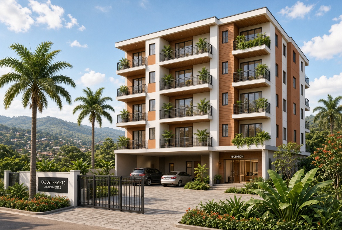 Apartment block with tenants' balconies in a Kampala neighbourhood